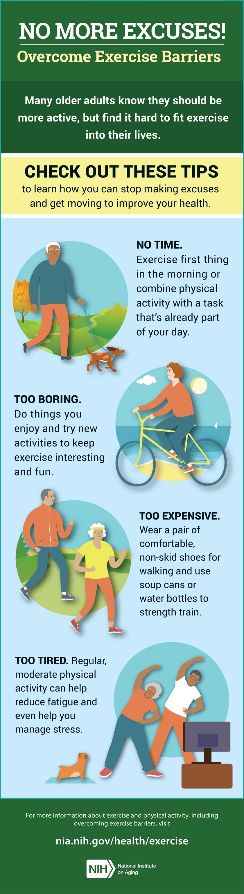 No more excuses! Overcome exercise barriers infographic. Full transcript below.