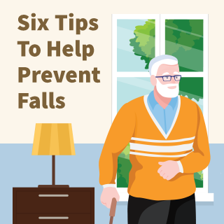 Six Tips To Help Prevent Falls infographic. Click to open page with transcript